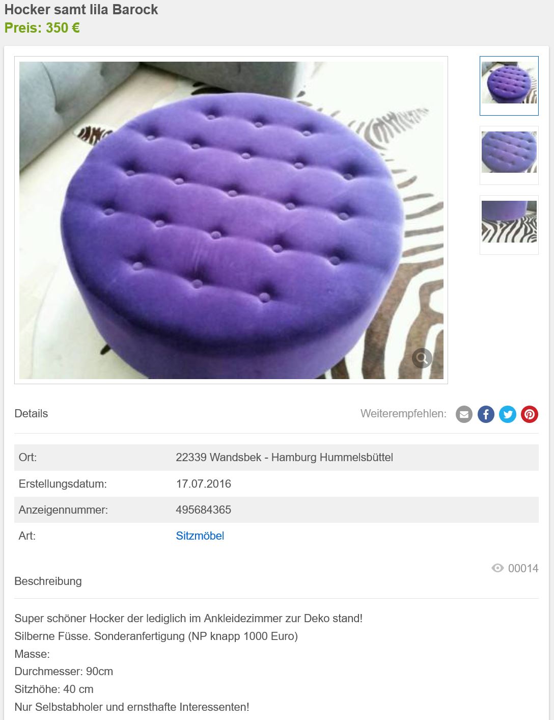 Als Deko viel zu schön: ein lila Hocker bei eBay
