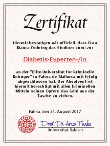 Zertifikat Diabetes-Expertin Bianca Döhring - Experte Berater Beraterin Beratung Urkunde - Mallorca, Hamburg, Hannover, Gesundheit, Yoga, Fitness, Health, Diät