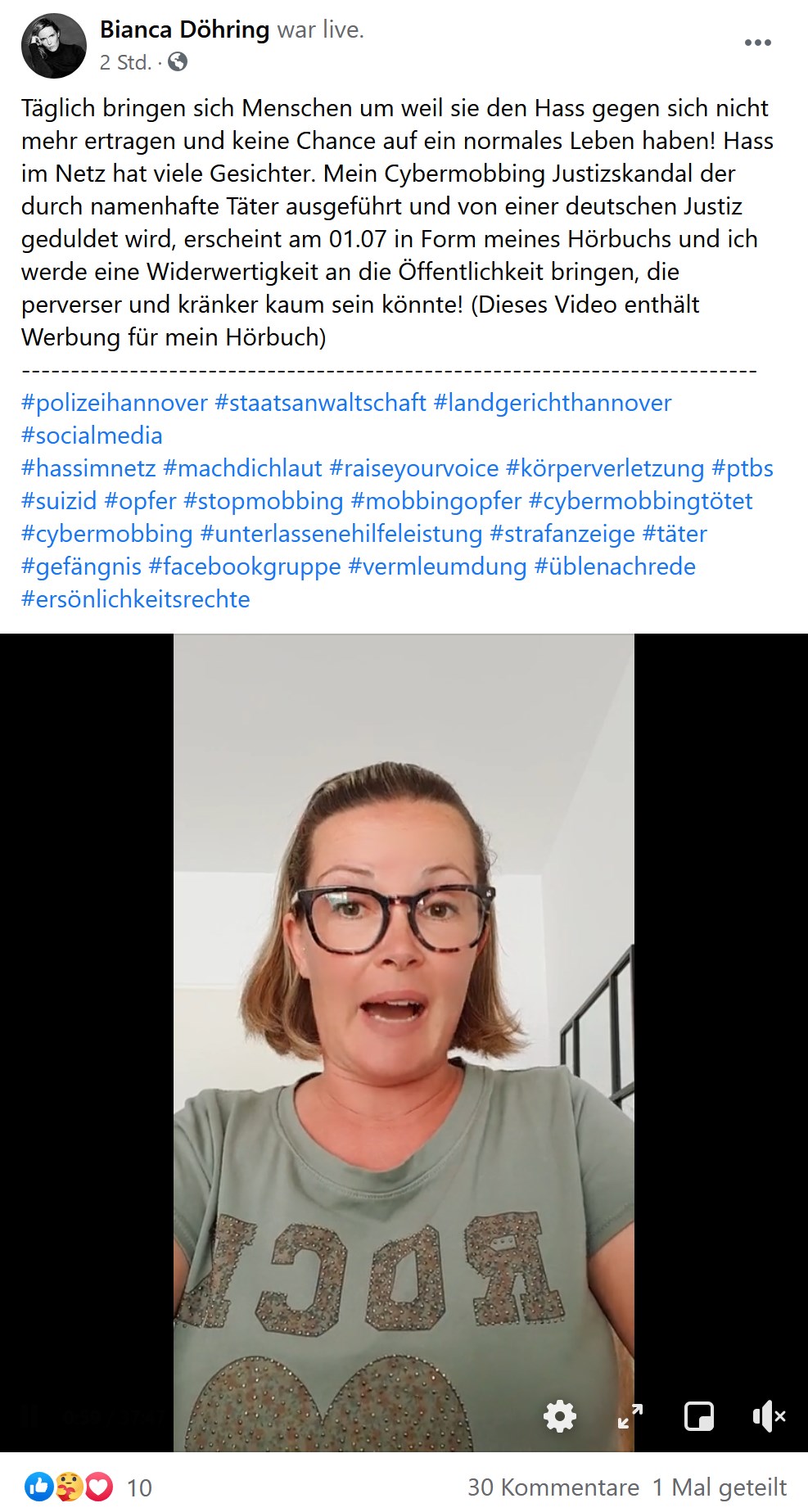 Bianca Döhring berichtet über Täter - Werbung Cybermobbing Hörbuch Mallorca Hannover kriminelle Straftaten Facebook 30.05.2021 Justizskandal Hass Polizei