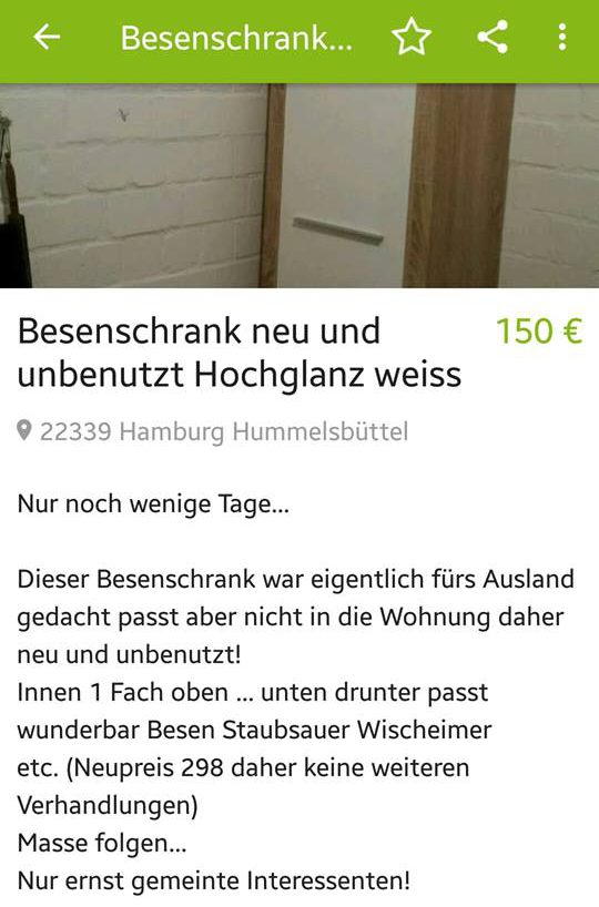 Dieser Besenschrank ist für das Ausland ungeeignet. Sagt BiBi.