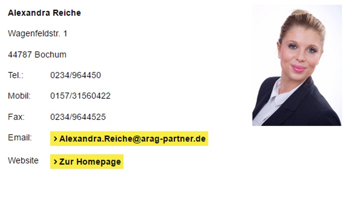 Auch Sharon Reiche verkauft unter ihrem zweiten bürgerlichen Namen (Alexandra Reiche) Versicherungen.