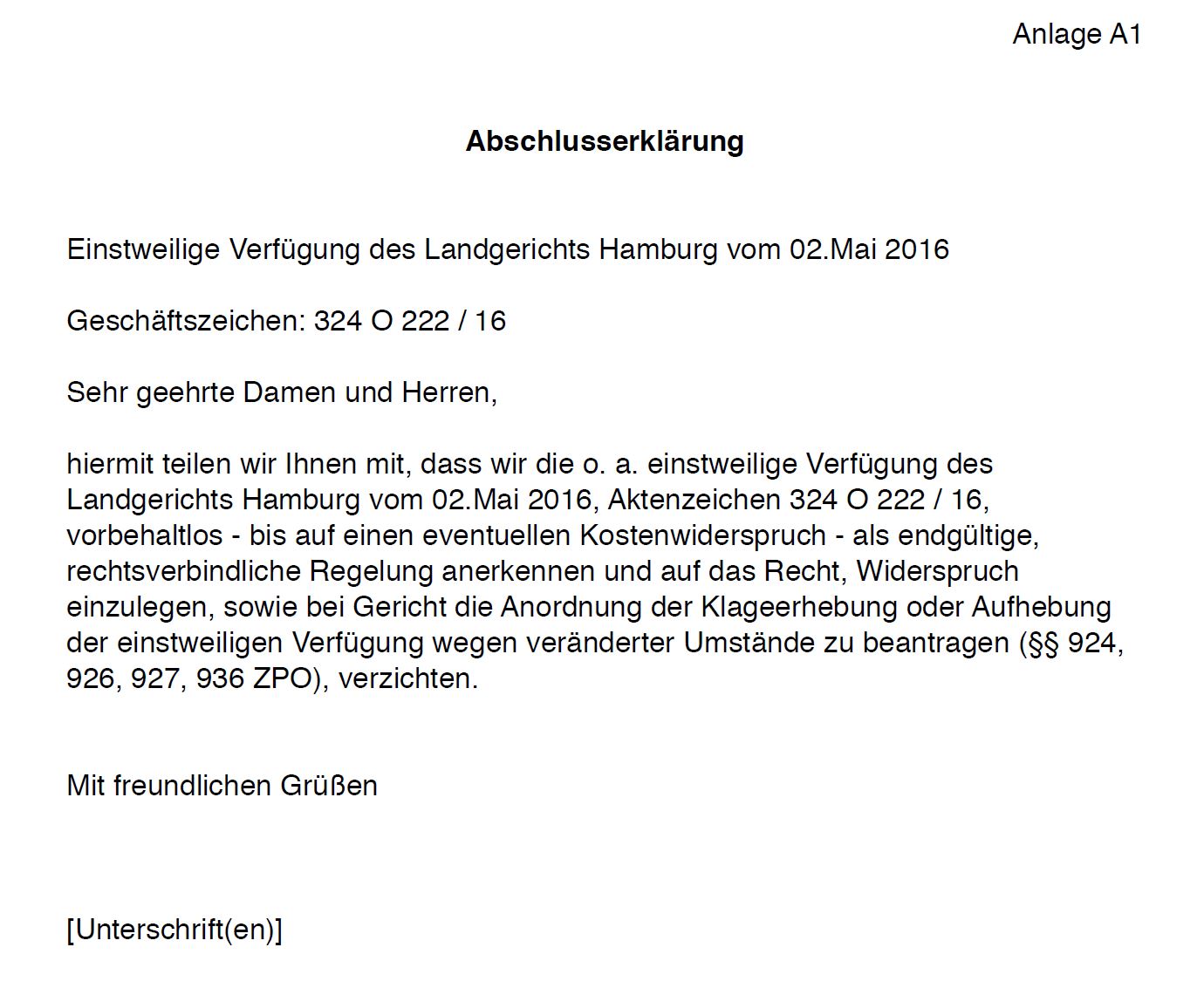 Christian Zahnow Hamburg - Einstweilige Verfügungen Bianca Döhring - Abschlusserklärungen