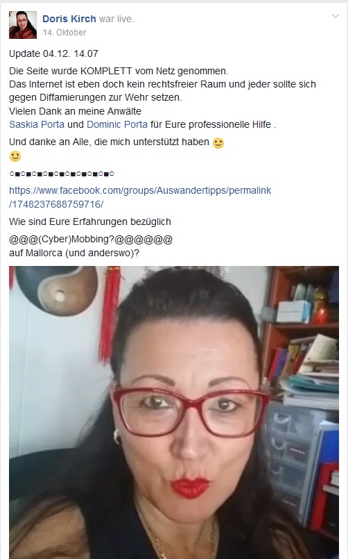 Die Seite ist komplett vom Netz genommen. Doris Kirch bedankt sich bei ihren Anwälten.