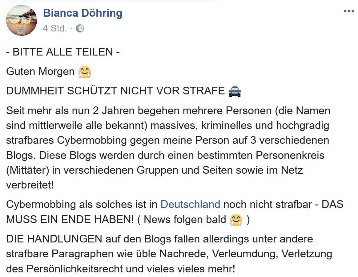 Bianca Döhring - Bedrohung aus Palma Cybermobbing - DV COM Call Center Mallorca - Polizei, Straftat, Blogs, Drohung