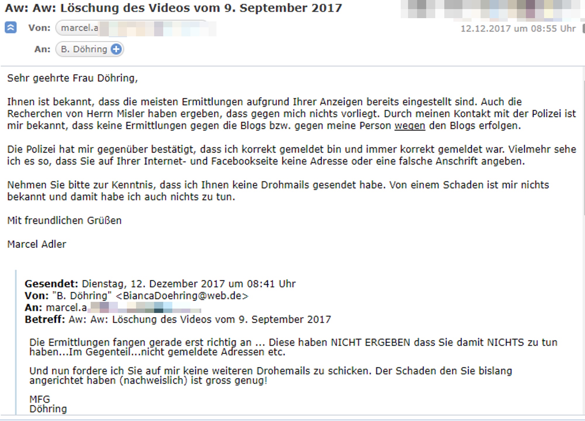 Bianca Döhring - Droh Mails zu Ermittlungen - Mail EMail EMails Post Hass Blog Drohung Drohungen