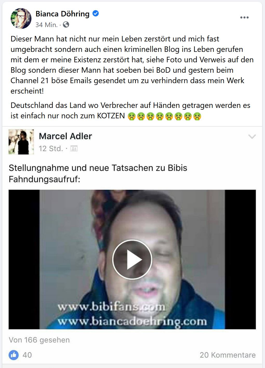 Marcel Adler lässt Cybermobbing Lügenbuch eingestampft - Bianca Döhring heult und droht - Drohung Gewalt Justiz Buch Verlag Anwalt