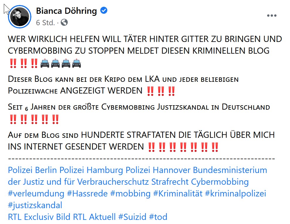 Bianca Döhring - Hetze Hass Drohung Gewalt Täter Anzeige Strafbar Hilfe Polizei Blog Justiz Gerichte Anwalt - Mallorca