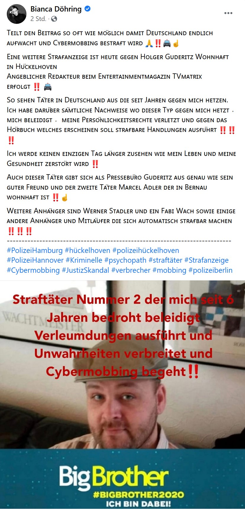 Bianca Döhring beschuldigt angebliche Täter ohne Beweise - Justiz Polizei Anzeige Strafanzeige Verbrecher Staatsanwaltschaft Cybermobbing Buch Skandel