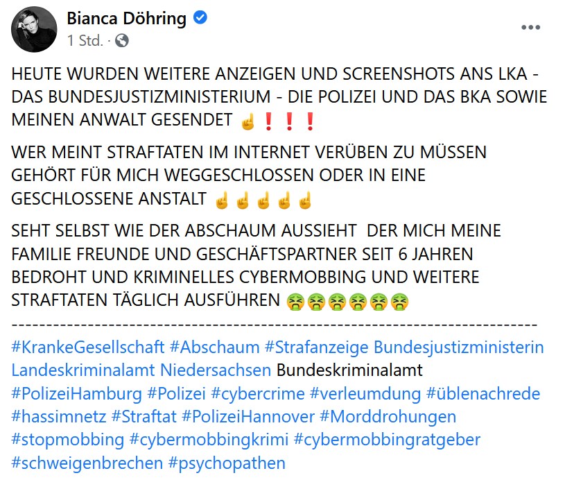 Bianca Döhring Drohung Adresse Polizei BKA LKA Anwalt 16.06.2021 Facebook
