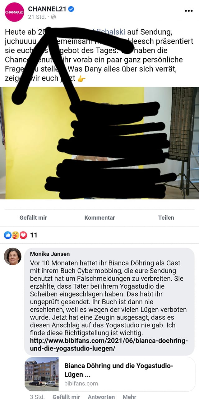 Bianca Döhring - Facebook 18.06.2021 - Yogastudio Hamburg Scheiben Anschlag Lüge Cybermobbing Buch